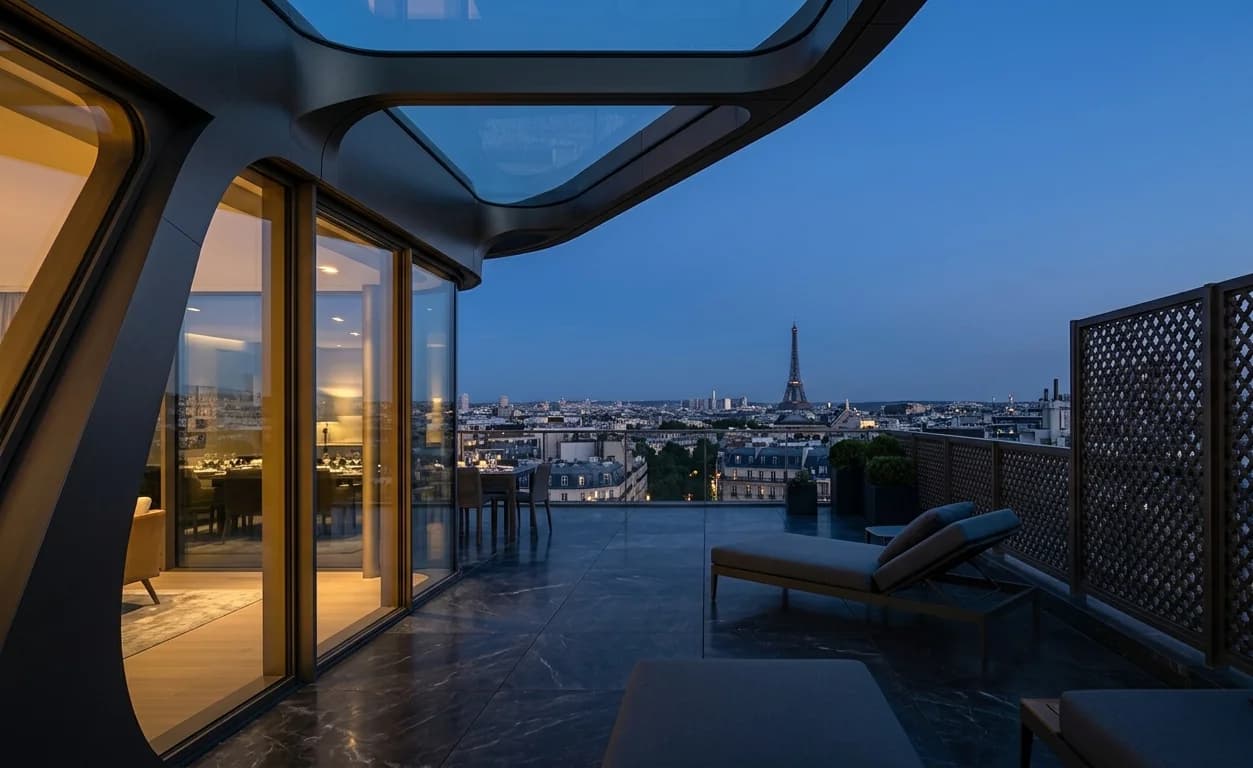 Vue d'ensemble d'un immeuble moderne au crépuscule